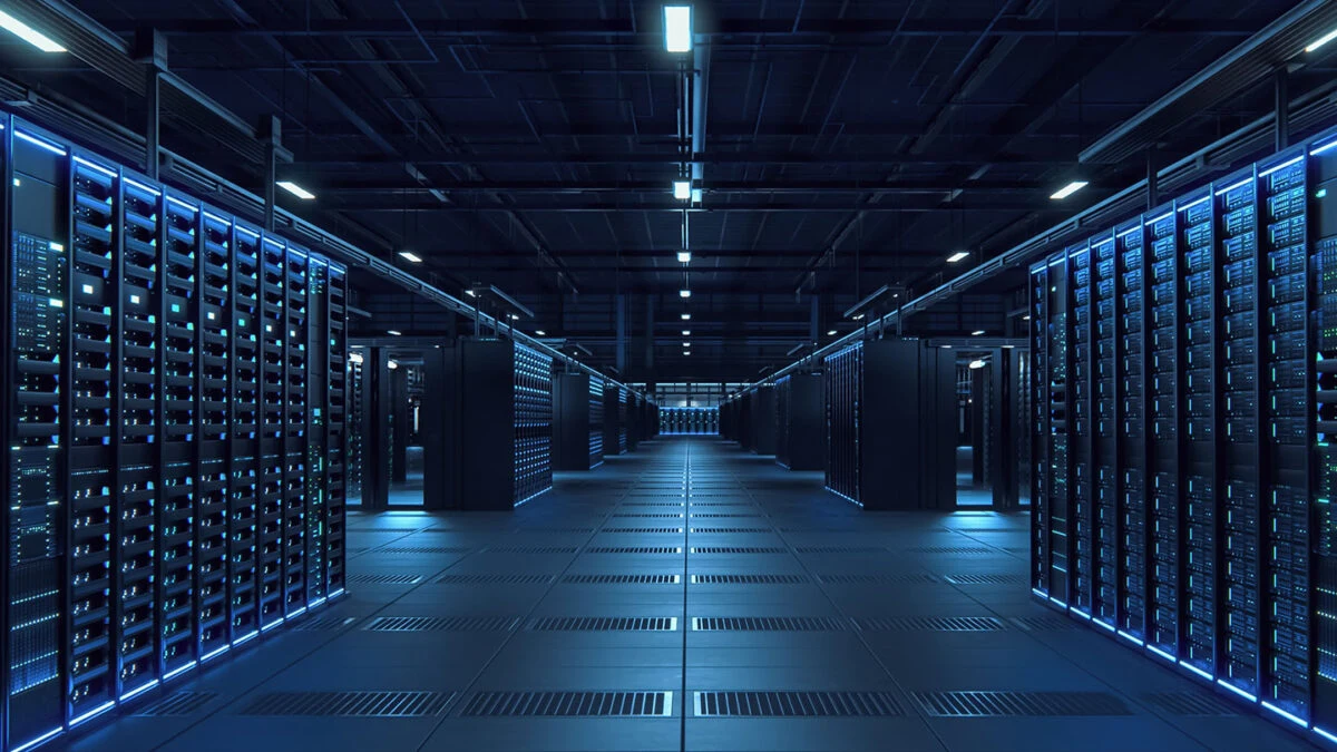 Illustration of a blue-lit data center