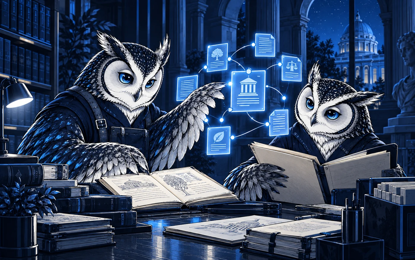 Comic owl colleagues connecting civic records to a shared knowledge map