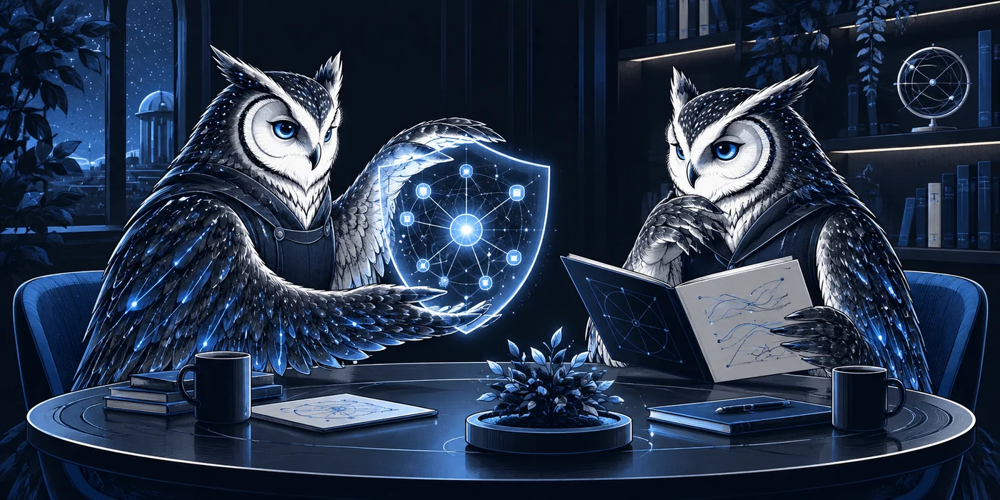 Comic owl colleagues reviewing safeguards around a knowledge network