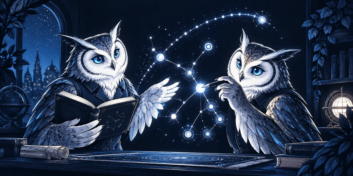 Comic-style owl researchers exploring a constellation of connected ideas